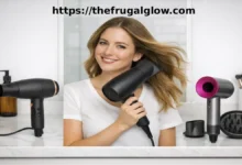 Woman using an affordable Amazon hair dryer compared to a Dyson Supersonic on a bathroom counter