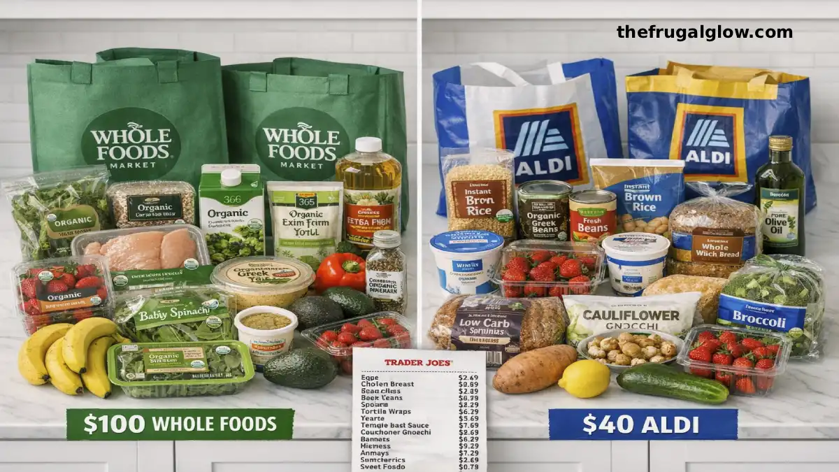 Side by side comparison of Whole Foods organic grocery haul and Aldi conventional grocery haul on a white kitchen counter showing the price difference | The Frugal Glow