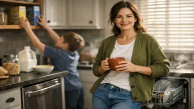 A smiling busy mom in her kitchen holding a coffee mug, wearing a high-quality olive green cardigan, white crewneck tee, light wash straight jeans, and white sneakers, looking put together and happy while her kids eat breakfast in the blurry background.