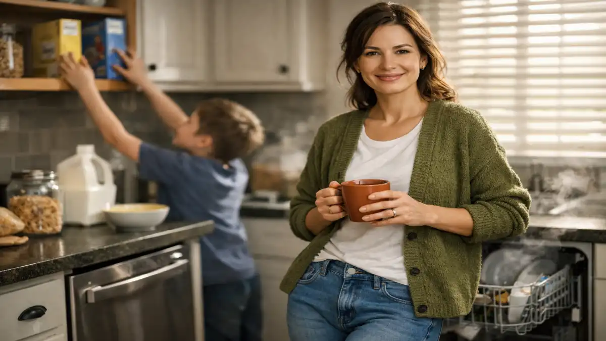A smiling busy mom in her kitchen holding a coffee mug, wearing a high-quality olive green cardigan, white crewneck tee, light wash straight jeans, and white sneakers, looking put together and happy while her kids eat breakfast in the blurry background.