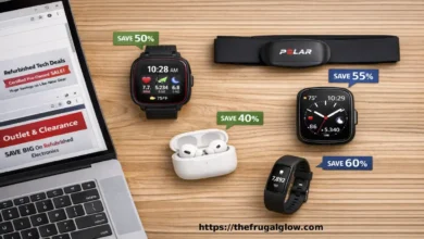 Five refurbished sports tech devices including Garmin GPS watch Polar heart rate monitor and cycling computer arranged on a wooden desk beside a laptop showing refurbished tech websites | The Frugal Glow