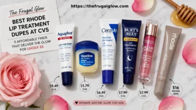Five CVS drugstore lip treatment dupes arranged beside a Rhode Peptide Lip Treatment tube on a white marble surface showing the price difference