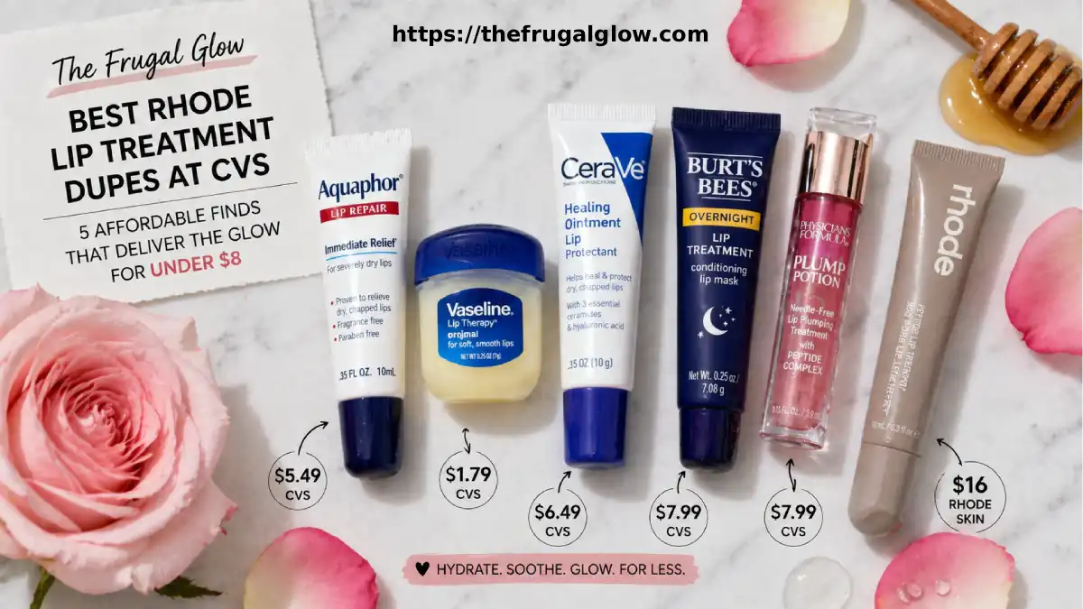 Five CVS drugstore lip treatment dupes arranged beside a Rhode Peptide Lip Treatment tube on a white marble surface showing the price difference