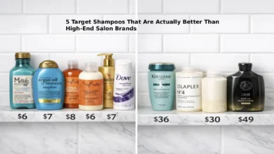 Five Target shampoo bottles arranged beside their high-end salon brand counterparts on a white marble bathroom shelf showing dramatic price differences