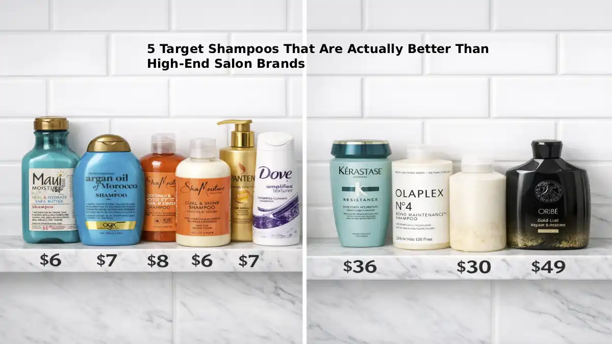 Five Target shampoo bottles arranged beside their high-end salon brand counterparts on a white marble bathroom shelf showing dramatic price differences