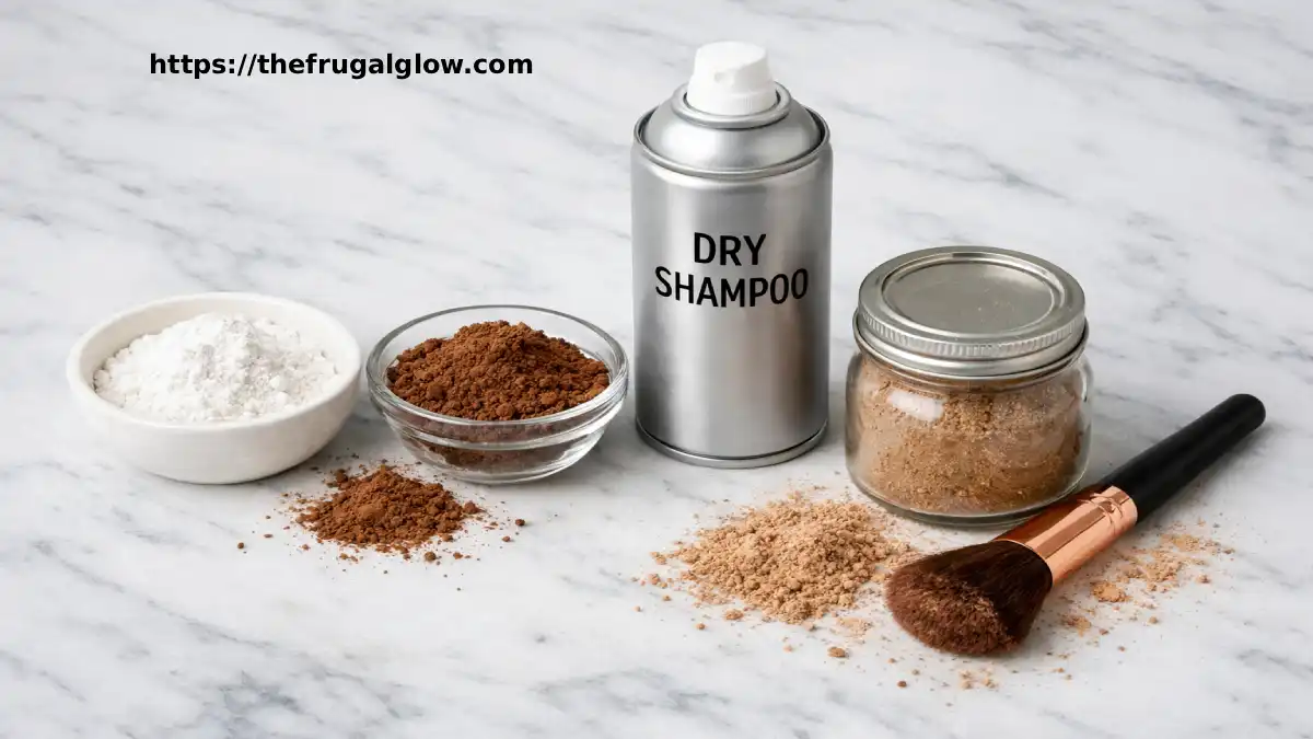 DIY dry shampoo ingredients including arrowroot powder and cocoa powder in small bowls beside a $15 CVS dry shampoo can on a white kitchen counter | The Frugal Glow