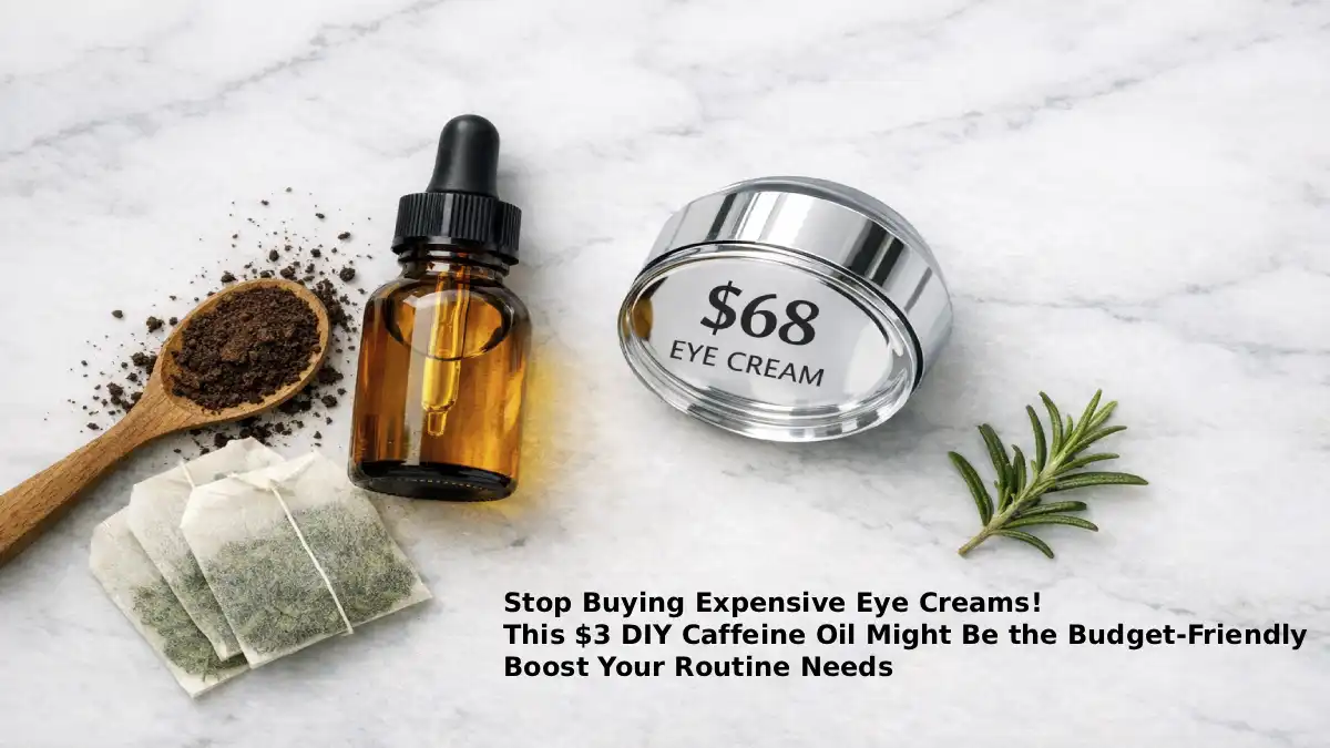 A small amber glass dropper bottle of homemade DIY caffeine eye oil beside an empty expensive eye cream jar and coffee grounds on a white marble surface