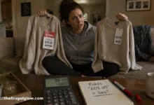 A frustrated but smart-looking mom sitting on her couch with two shopping bags (one from Kohls, one from TJ Maxx) on the floor. She holds two nearly identical sweaters side by side, one with a "compare at $60" tag and one she bought elsewhere for $20. A calculator and a red pen are on the coffee table next to a coffee mug that says "Mama Needs Coffee."