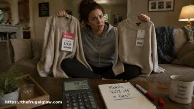 A frustrated but smart-looking mom sitting on her couch with two shopping bags (one from Kohls, one from TJ Maxx) on the floor. She holds two nearly identical sweaters side by side, one with a "compare at $60" tag and one she bought elsewhere for $20. A calculator and a red pen are on the coffee table next to a coffee mug that says "Mama Needs Coffee."