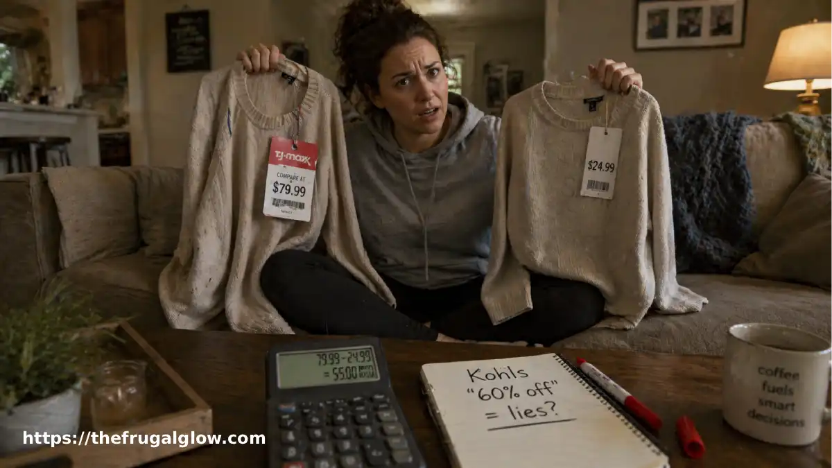A frustrated but smart-looking mom sitting on her couch with two shopping bags (one from Kohls, one from TJ Maxx) on the floor. She holds two nearly identical sweaters side by side, one with a "compare at $60" tag and one she bought elsewhere for $20. A calculator and a red pen are on the coffee table next to a coffee mug that says "Mama Needs Coffee."