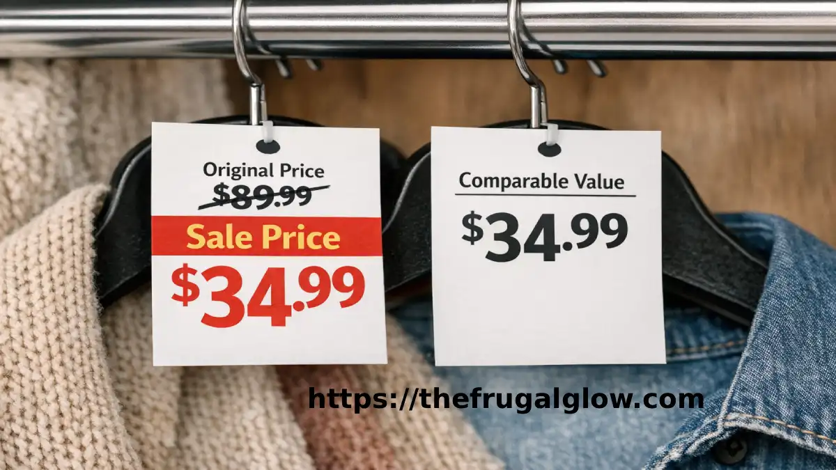 A close-up of a misleading sale price tag showing inflated original price and fake discount at a retail store representing deceptive pricing tactics