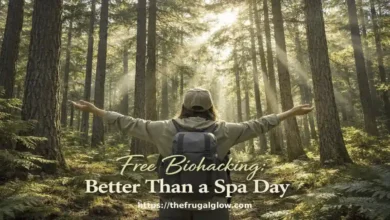 Person forest bathing among tall pine trees, sunlight filtering through canopy - free biohacking better than spa day | the frugal glow