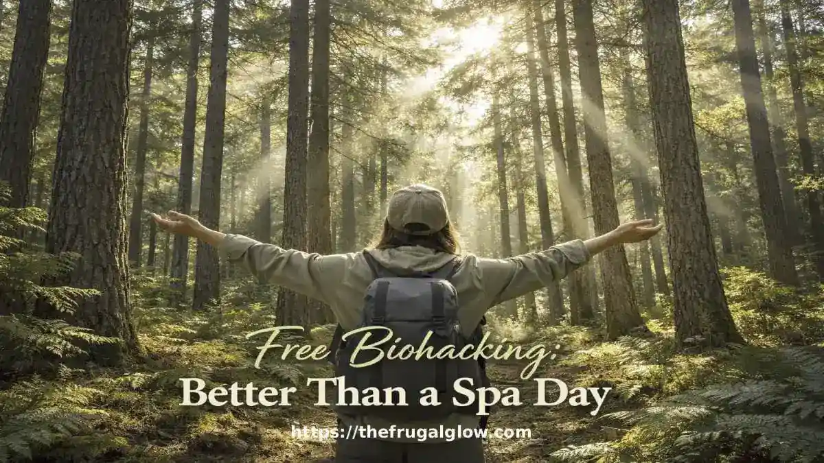 Person forest bathing among tall pine trees, sunlight filtering through canopy - free biohacking better than spa day | the frugal glow
