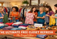 A bright living room set up for a clothing swap party with colorful clothes neatly arranged on racks and tables surrounded by friends | The Frugal Glow
