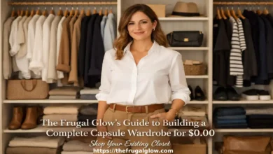 A woman standing in front of an organized open closet full of neatly arranged neutral clothing pieces representing a capsule wardrobe built for free by shopping her existing wardrobe