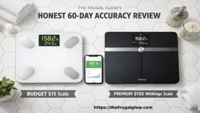 A $15 Walmart smart scale displaying body fat percentage on a white bathroom floor beside a premium $150 smart scale showing the price comparison | The Frugal Glow