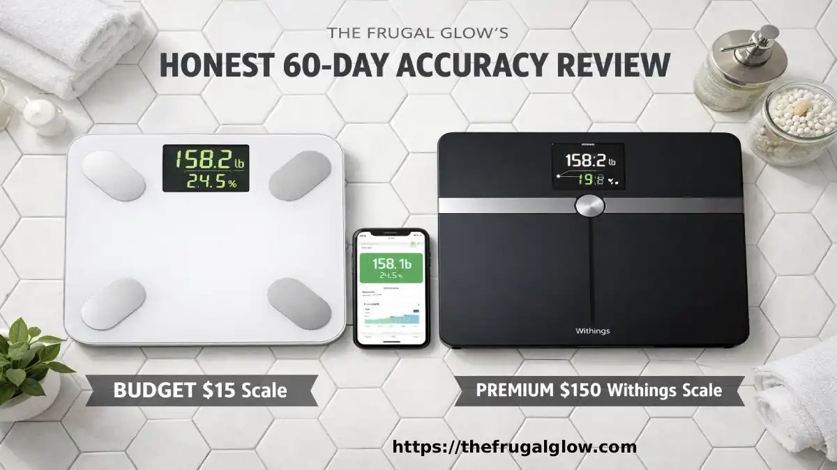 A $15 Walmart smart scale displaying body fat percentage on a white bathroom floor beside a premium $150 smart scale showing the price comparison | The Frugal Glow