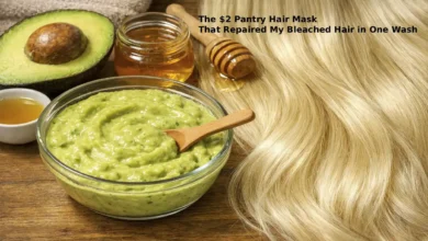 DIY avocado and honey hair mask in a bowl beside soft healthy bleached blonde hair