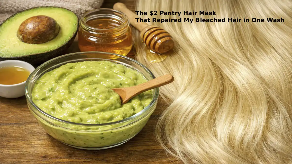 DIY avocado and honey hair mask in a bowl beside soft healthy bleached blonde hair
