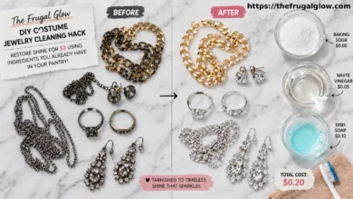 Before and after comparison of tarnished costume jewelry restored to shine using a $2 pantry cleaning solution on a white surface