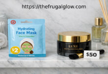 Affordable $2 Target face mask next to a luxury $50 face mask on a marble bathroom shelf | the frugal glow