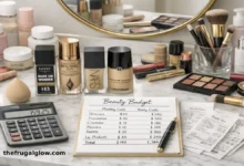 A full makeup vanity covered in high-end beauty products with a calculator and monthly budget spreadsheet beside it showing the true cost of a luxury morning routine | The Frugal Glow