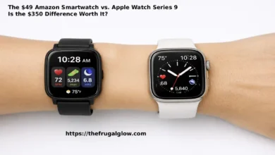 A $49 Amazon smartwatch on the left wrist and an Apple Watch Series 9 on the right wrist side by side showing the dramatic price difference between budget and luxury smartwatches | The Frugal Glow
