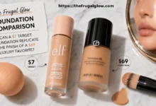 A $7 Target e.l.f. foundation bottle beside a $69 Giorgio Armani Luminous Silk foundation on a white marble vanity surface showing the dramatic price difference