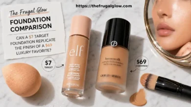 A $7 Target e.l.f. foundation bottle beside a $69 Giorgio Armani Luminous Silk foundation on a white marble vanity surface showing the dramatic price difference