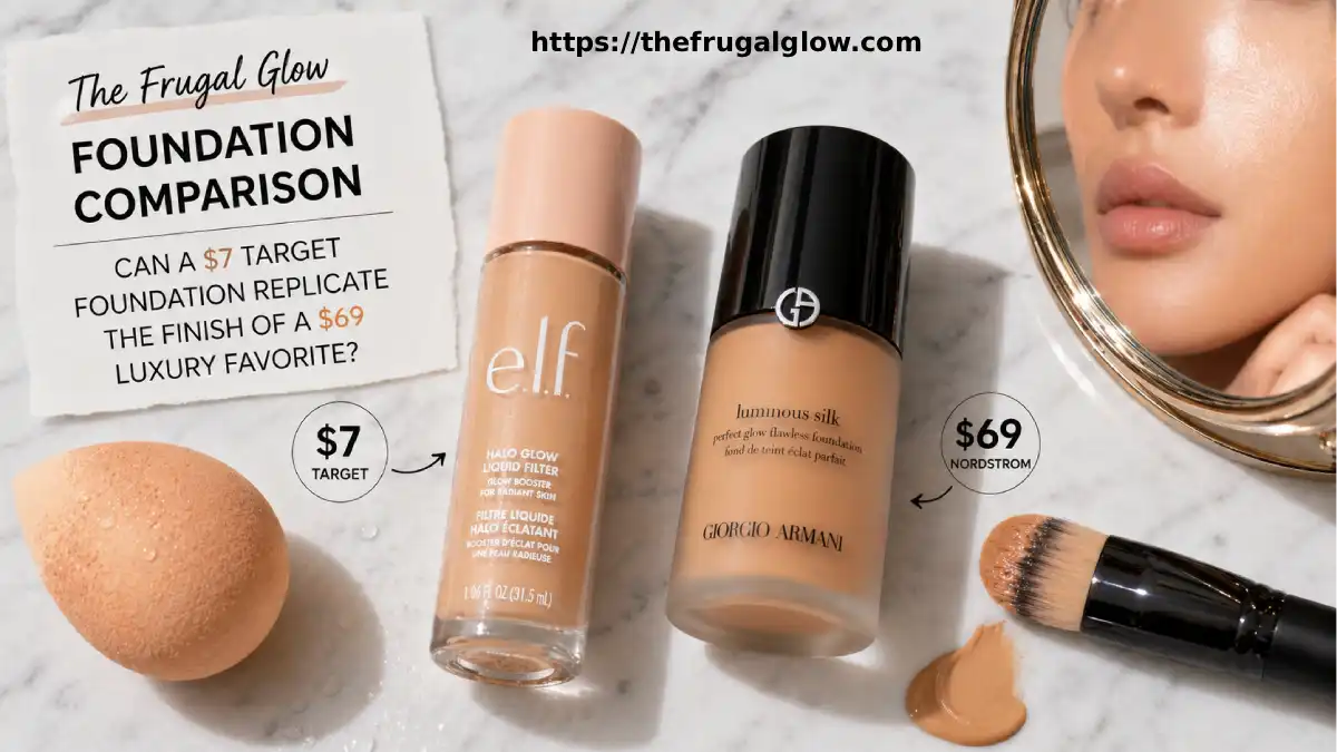 A $7 Target e.l.f. foundation bottle beside a $69 Giorgio Armani Luminous Silk foundation on a white marble vanity surface showing the dramatic price difference