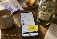 A cozy, real-life kitchen scene at golden hour. A woman’s hand holds a smartphone showing a full shopping cart on a retail website, but her finger hovers over a handwritten sticky note on the screen that says “72 HOURS.” Next to the phone is a warm mug of coffee and a small savings jar with cash inside.