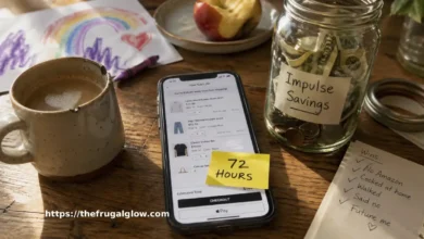A cozy, real-life kitchen scene at golden hour. A woman’s hand holds a smartphone showing a full shopping cart on a retail website, but her finger hovers over a handwritten sticky note on the screen that says “72 HOURS.” Next to the phone is a warm mug of coffee and a small savings jar with cash inside.