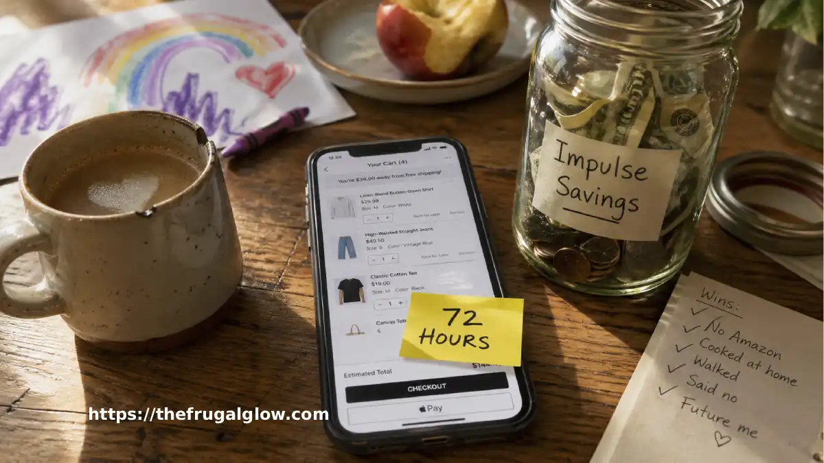 A cozy, real-life kitchen scene at golden hour. A woman’s hand holds a smartphone showing a full shopping cart on a retail website, but her finger hovers over a handwritten sticky note on the screen that says “72 HOURS.” Next to the phone is a warm mug of coffee and a small savings jar with cash inside.