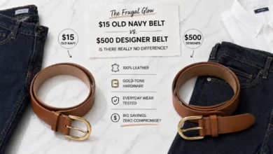 A $15 Old Navy leather belt beside a $500 designer belt on a white marble surface showing the dramatic price difference with similar aesthetic appeal