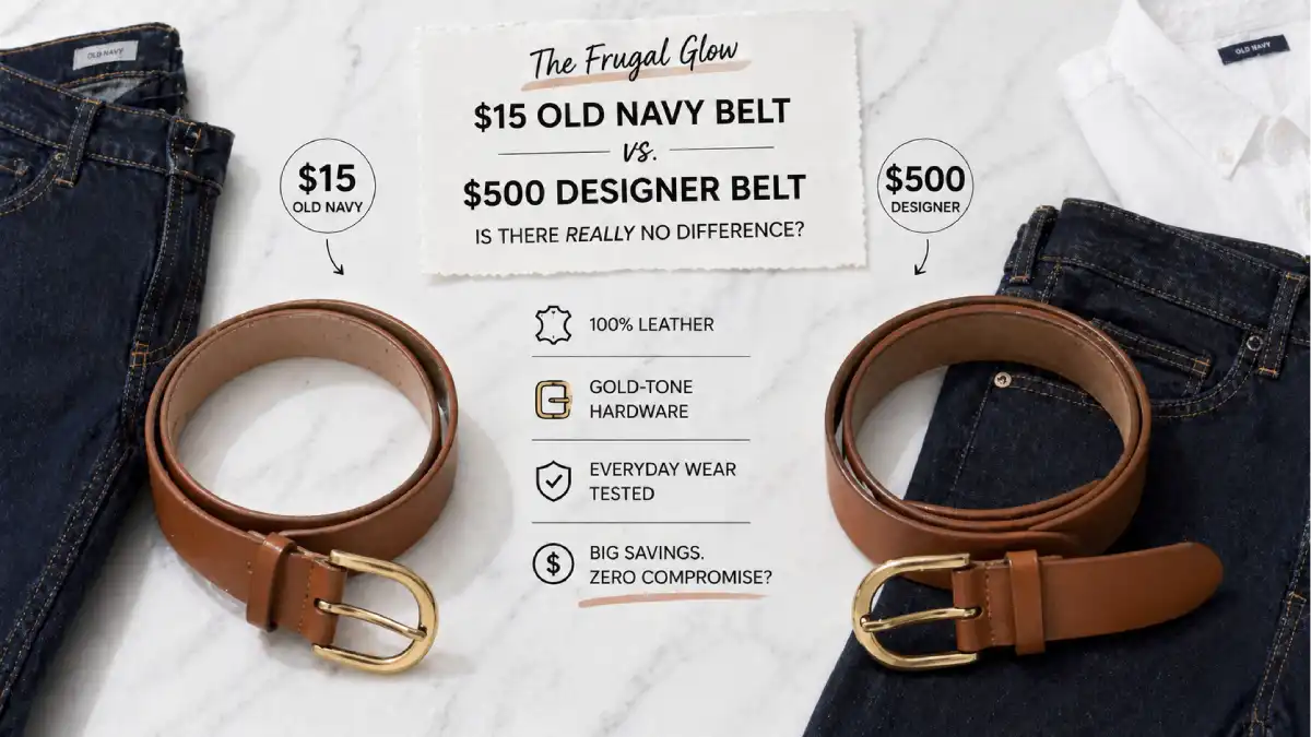 A $15 Old Navy leather belt beside a $500 designer belt on a white marble surface showing the dramatic price difference with similar aesthetic appeal