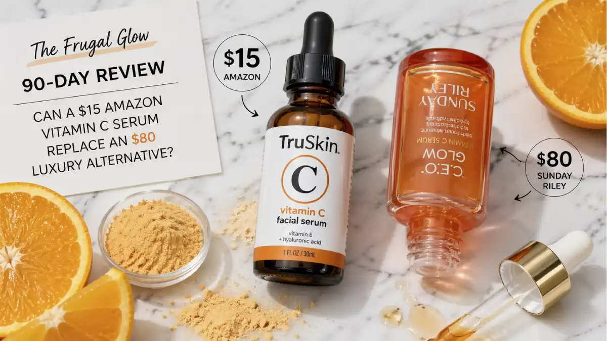 A $15 Amazon Vitamin C serum bottle beside an empty $80 luxury Vitamin C serum on a white marble bathroom counter showing the dramatic price difference