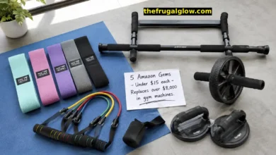 Five fitness products arranged on a floor: fabric resistance band loops, a door anchor resistance band set with handles, a pull-up bar mounted on a door frame, an ab wheel, and push-up handles. A handwritten sign says "Under $15 each – Replaces $8,000+ in gym machines."