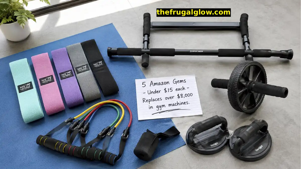 Five fitness products arranged on a floor: fabric resistance band loops, a door anchor resistance band set with handles, a pull-up bar mounted on a door frame, an ab wheel, and push-up handles. A handwritten sign says "Under $15 each – Replaces $8,000+ in gym machines."