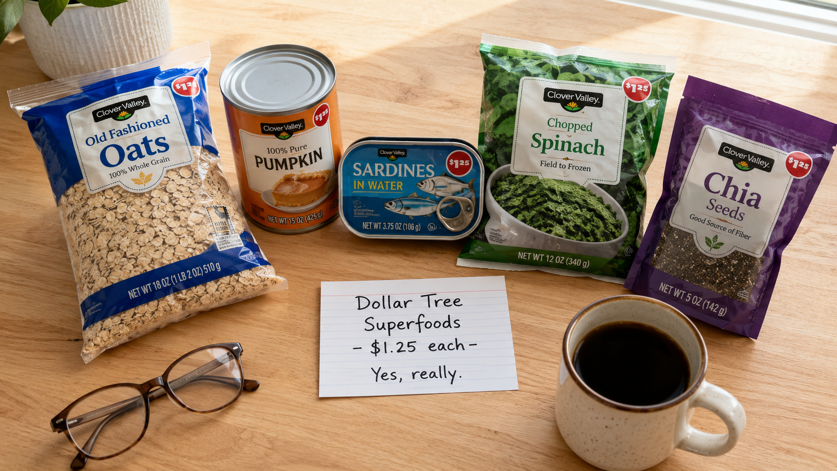 Five healthy food items from Dollar Tree arranged on a table: rolled oats, canned pumpkin, a tin of sardines, a bag of frozen spinach, and a bag of chia seeds. A handwritten sign says "$1.25 each" and "Yes, really."