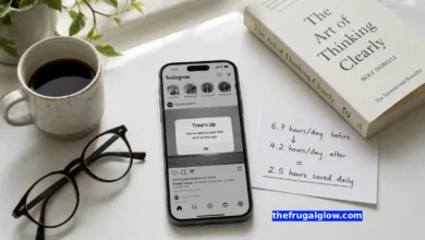 A smartphone screen showing grayscale mode (black and white) with the Instagram app open and a pop-up message saying "Time's Up – App Limit Reached." A small clock icon shows 2 hours saved.