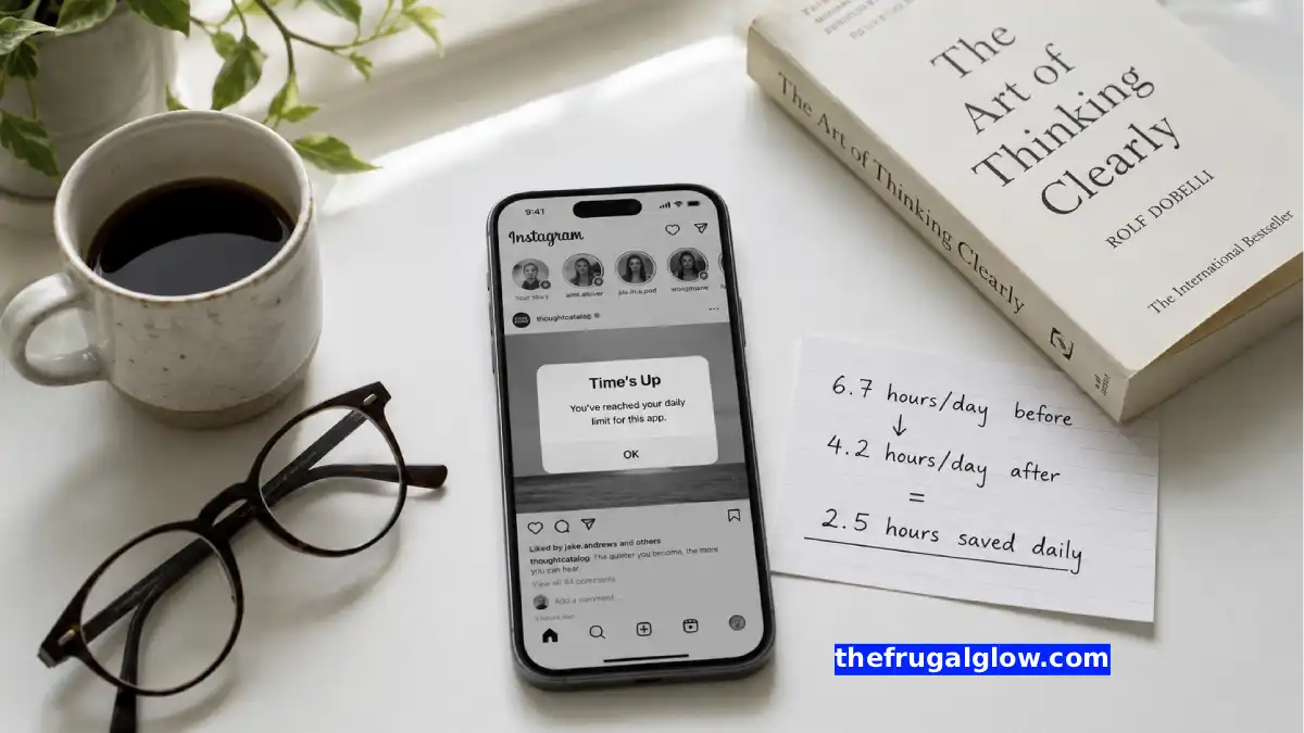 A smartphone screen showing grayscale mode (black and white) with the Instagram app open and a pop-up message saying "Time's Up – App Limit Reached." A small clock icon shows 2 hours saved.