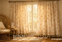 A bright, airy living room with sunlight streaming through a window. Hanging on a brass rod are gorgeous floor-length curtains made from a vintage floral sheet in faded pinks, oranges, and creams. The bottom hem has tiny hand-stitched tassels. A cozy rattan chair sits next to the window with a cup of tea on a side table.