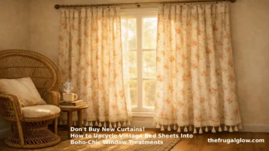 A bright, airy living room with sunlight streaming through a window. Hanging on a brass rod are gorgeous floor-length curtains made from a vintage floral sheet in faded pinks, oranges, and creams. The bottom hem has tiny hand-stitched tassels. A cozy rattan chair sits next to the window with a cup of tea on a side table.