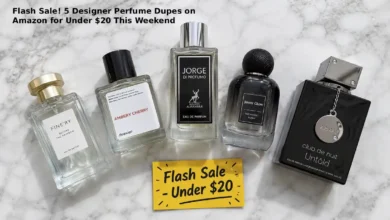 Five affordable perfume bottles arranged on a white surface representing designer dupe fragrances. Bottles include Fine'ry Before the Rainbow, Dossier Ambery Cherry, Maison Alhambra Jorge Di Profumo, Jenny Glow Midnight Rush, and Club de Nuit Untold. A small sale tag showing "Under $20" is placed next to the bottles.
