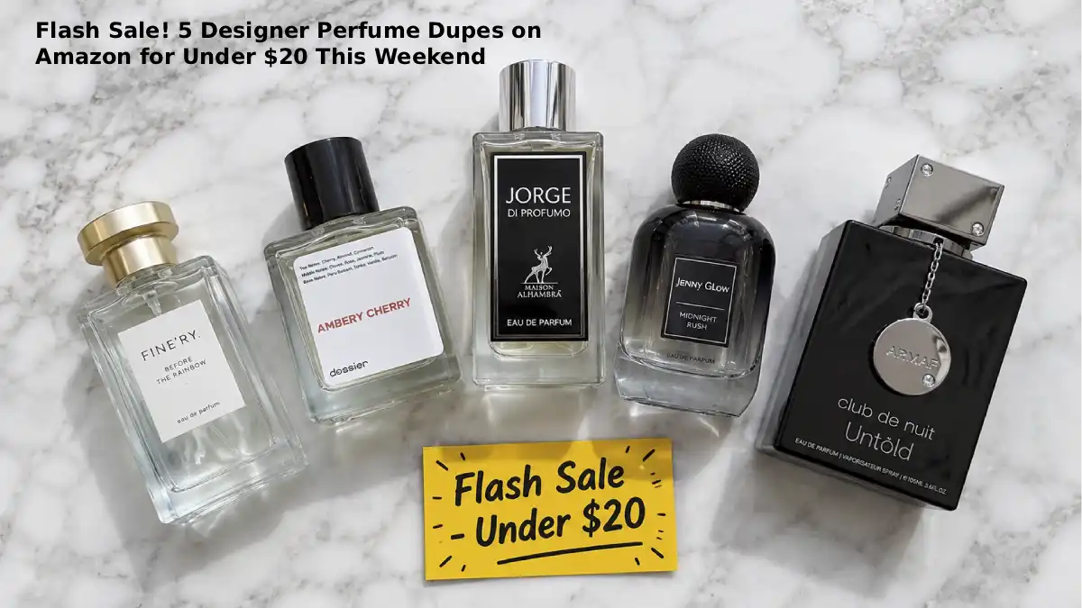 Five affordable perfume bottles arranged on a white surface representing designer dupe fragrances. Bottles include Fine'ry Before the Rainbow, Dossier Ambery Cherry, Maison Alhambra Jorge Di Profumo, Jenny Glow Midnight Rush, and Club de Nuit Untold. A small sale tag showing "Under $20" is placed next to the bottles.