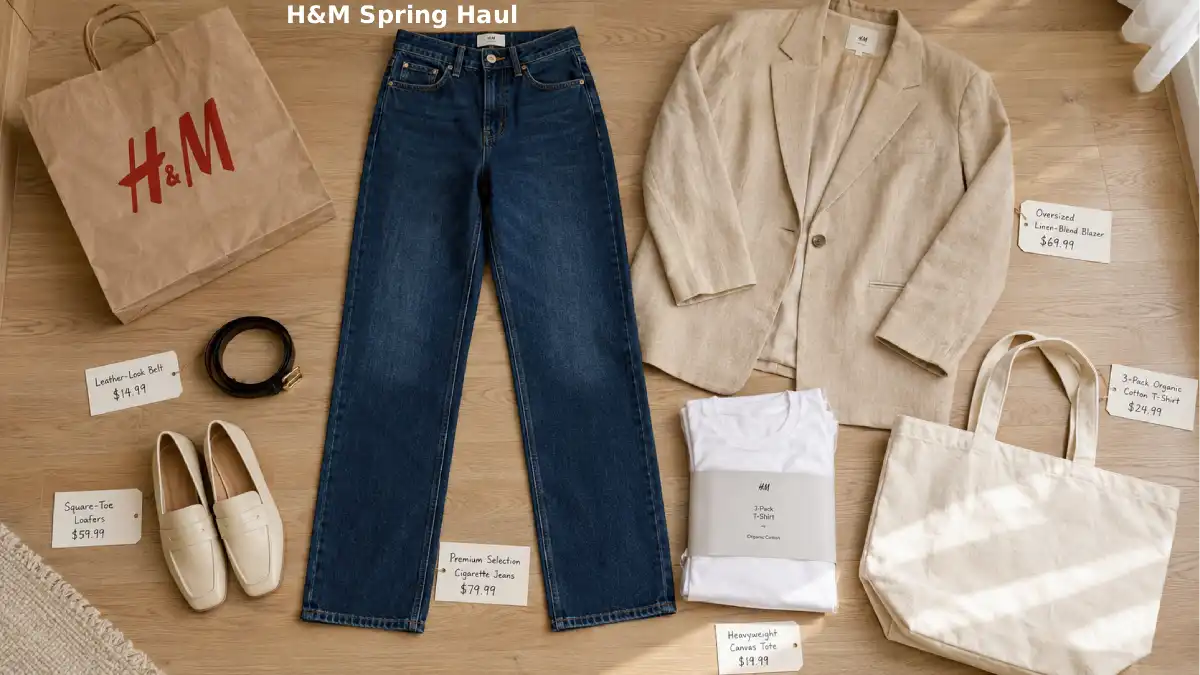 H&M Spring 2026 haul spread on a white background including the Premium Selection cigarette jeans in medium indigo wash, an oversized beige linen-blend blazer, a pack of organic cotton white t-shirts, a black leather-look belt, cream square-toe loafers, and a canvas tote bag. The $40 jeans are highlighted with a small price tag.