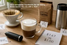 A homemade latte in a clear glass mug showing layers of espresso and frothed oat milk. Next to the mug is a $10 handheld milk frother, a ceramic pour-over cone with a paper filter, a bag of coffee beans, and a reusable travel mug. A small handwritten sign reads "From $7.67 to $1.00 per day."