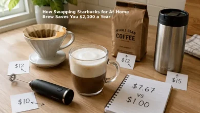 A homemade latte in a clear glass mug showing layers of espresso and frothed oat milk. Next to the mug is a $10 handheld milk frother, a ceramic pour-over cone with a paper filter, a bag of coffee beans, and a reusable travel mug. A small handwritten sign reads "From $7.67 to $1.00 per day."