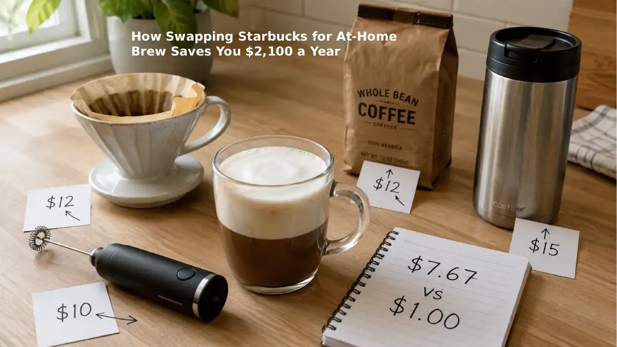 A homemade latte in a clear glass mug showing layers of espresso and frothed oat milk. Next to the mug is a $10 handheld milk frother, a ceramic pour-over cone with a paper filter, a bag of coffee beans, and a reusable travel mug. A small handwritten sign reads "From $7.67 to $1.00 per day."