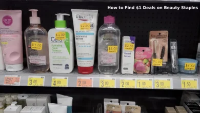 Walmart beauty clearance shelf with bright yellow and orange price tags showing $1, $2, and $3 stickers on various skincare and makeup products including moisturizers, face washes, and sunscreens.